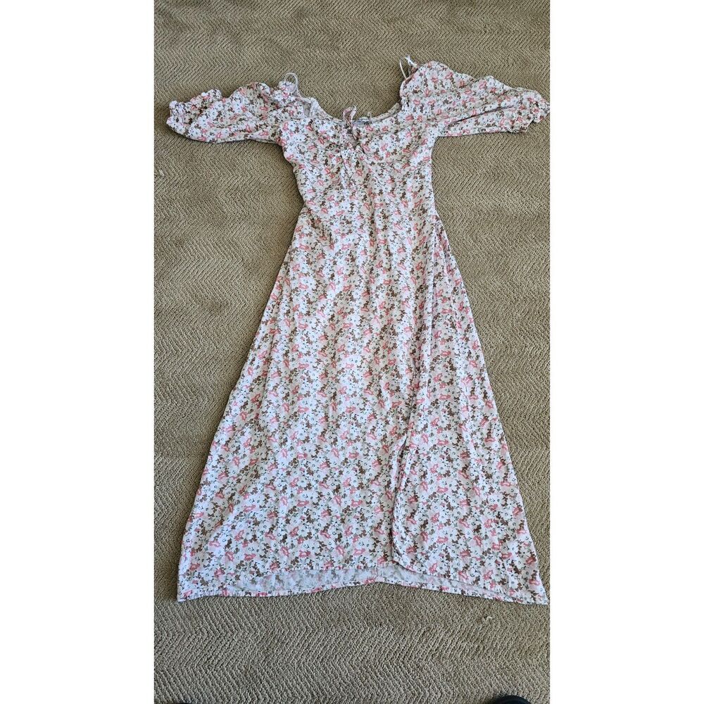 Hollister Pink Floral Smocked Square Neck Midi Dress with Slit